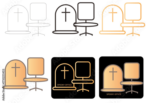 Vector illustration of a ghostly workplace, a spooky office with a gravestone desk for Halloween or burnout concepts
