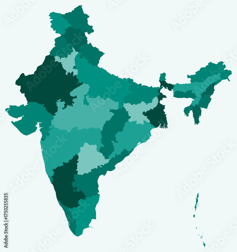 Map of India with states. Just a simple country border map with state division. Teal color palette. Flat India shape with administrative division. Vector illustration.