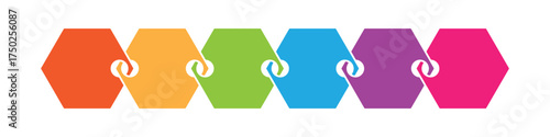 Colorful infographic hexagon shaped elements showing progression steps and linked chain process flow chart 