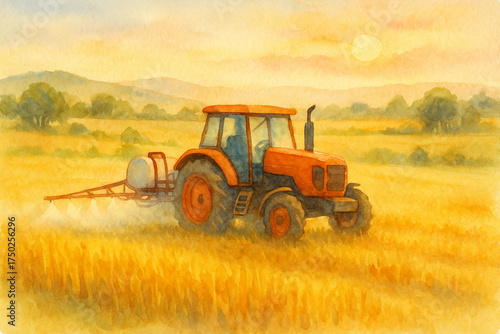 Watercolor illustration of orange tractor spraying crops in golden field at sunset   