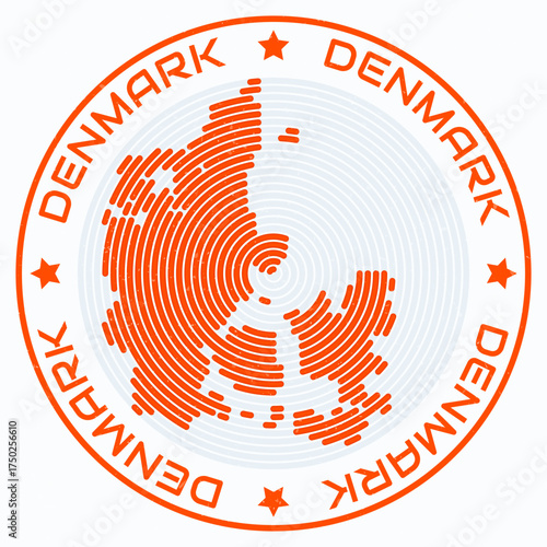 Denmark map with round title. Country shape rings. Denmark text around the country boundary shape. Artistic vector illustration.