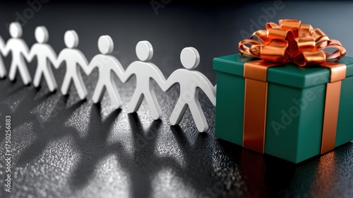Paper chain of paper people holding hands beside a beautifully wrapped gift box with a ribbon on a dark surface