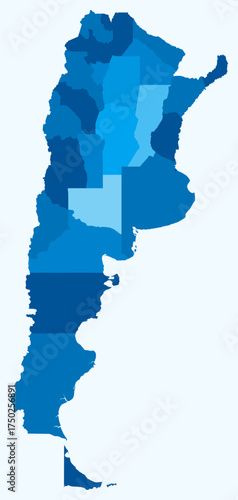 Map of Argentina with regions. Just a simple country border map with region division. Light blue color palette. Plain Argentina shape with administrative division. Vector illustration.