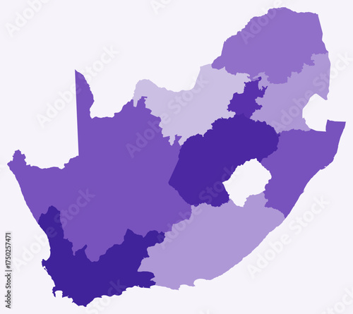 Map of South Africa with regions. Just a simple country border map with region division. Deep purple color palette. Blank South Africa shape with administrative division. Vector illustration.