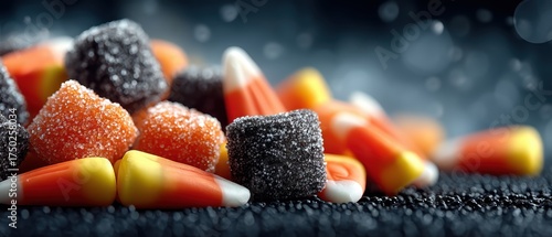 Close-Up View of Colorful Candy Arrangement with Bright Orange, Yellow, and Black Treats on Dark Background