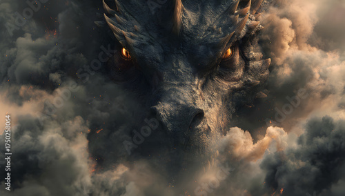 A fearsome dragon emerges from a swirling cloud formation, its eyes glowing with an intense, fiery light.