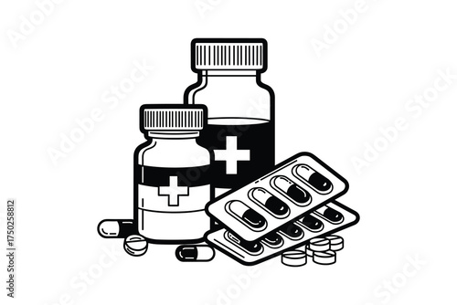 Medical Supplies Bottles Capsules Pills Medication Treatment Set