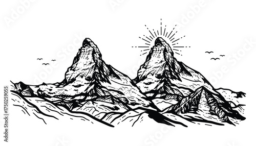 Mountain Peaks Landscape with Sun Rays and Birds Flying