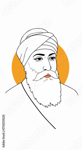 Line art illustration of Guru Nanak Dev Ji with turban and long beard.