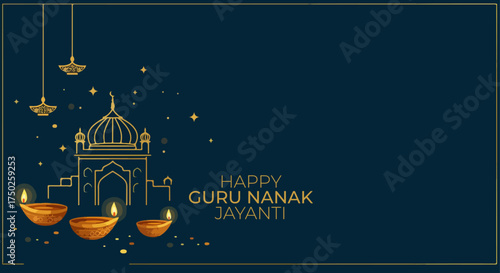 Illuminated Gurdwara and Diyas for Happy Guru Nanak Jayanti Celebration.
