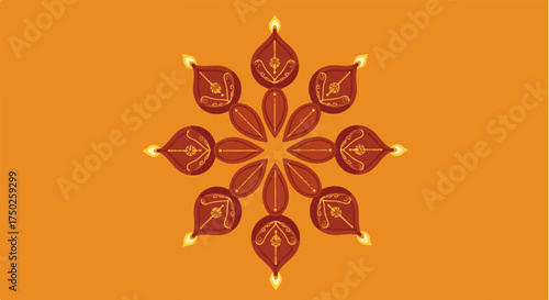 A decorative mandala pattern of eight traditional Indian Diya oil lamps with glowing flames.