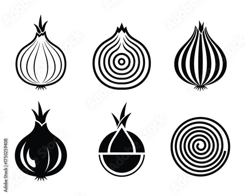 Onion Vegetable Black and White Icons Set Food Ingredient Graphics