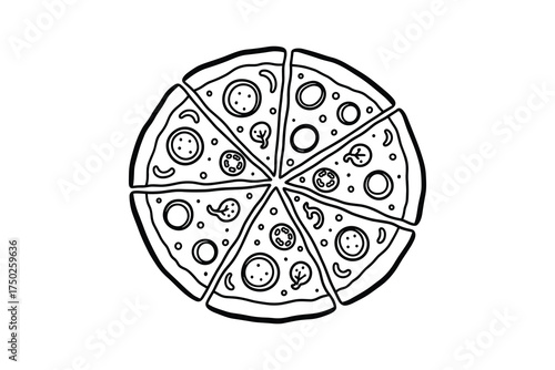 Outline Pizza Slices Divided Whole Pie Food Drawing Illustration