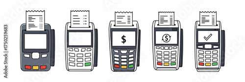 Payment Terminal POS Machine Set Receipt Transaction Icons Vector