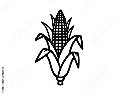 Outlined Corn Cob Icon with Leaves, Sweet Corn on White Background