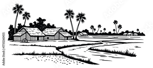 Rural Landscape with Huts and Rice Fields Drawing