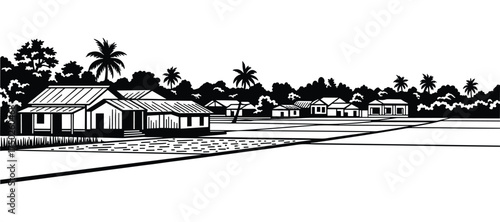 Rural Landscape with Village Houses and Paddy Fields