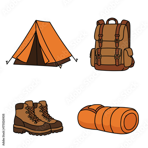 Camping tent, backpack and sleeping bag illustration representing cozy fall outdoor travel and adventure vibes