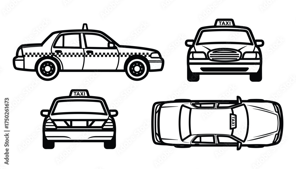 Obraz premium Taxi Cab Car View Set Side Front Back Top Perspective Icons