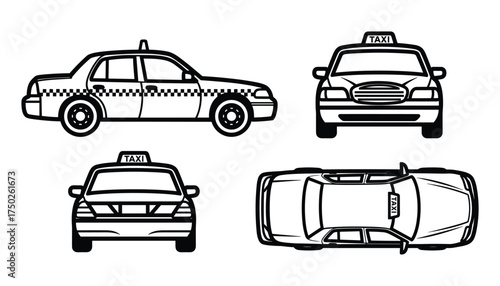 Taxi Cab Car View Set Side Front Back Top Perspective Icons