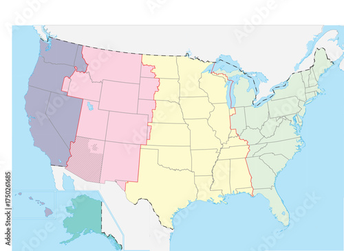 USA Time Zones Highlighted Map