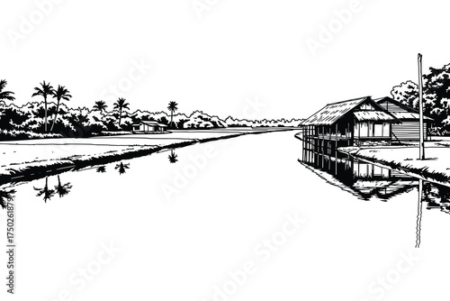 Traditional Filipino Stilt Houses by River Tropical Landscape Drawing