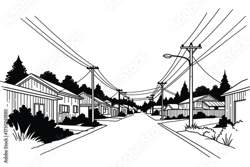 Town Residential Street View American Houses Power Lines Utility Poles
