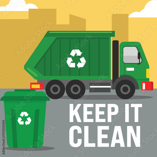 Garbage truck as a vehicle to transport garbage and maintain cleanliness with a city background