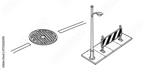 Urban Street Infrastructure Manhole, Streetlight, and Road Barrier