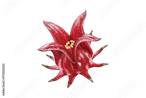 Vibrant Red Roselle Flower Watercolor Botanical Illustration Isolated