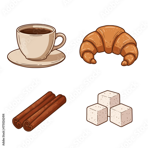 Croissant and sugar cubes cozy breakfast pastry flat lay