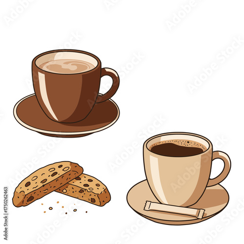 Cappuccino, espresso and cookie — cozy coffee shop flat lay design