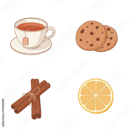 Tea cup with cookies and lemon cozy autumn afternoon snack illustration