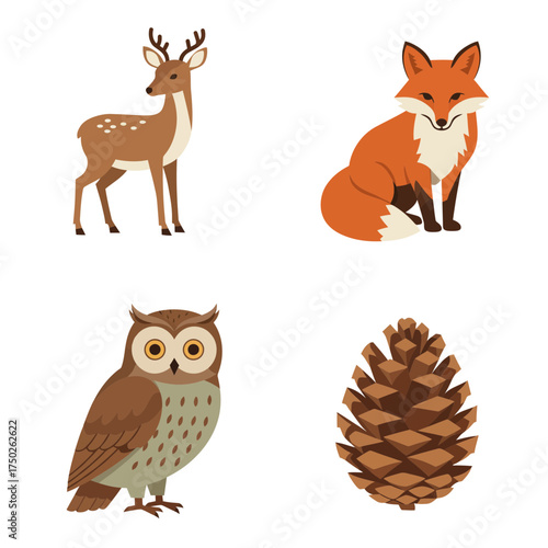Forest fox, deer, owl and pinecone — cute woodland animals autumn clipart