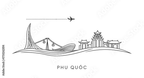 Phu Quoc Skyline with Cable Car and Temples Illustration