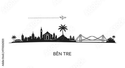 Ben Tre City Skyline Silhouette with Airplane
