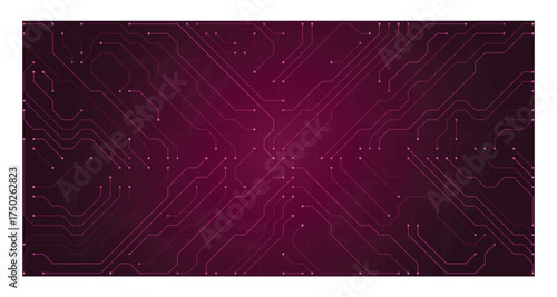 Magenta circuit board graphic with detailed electronic pathways and bright pink nodes on a dark purple gradient background representing digital connections and futuristic concepts