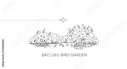 Minimalist Line Art Airplane Flying Over Bac Lieu Bird Garden with Water Birds