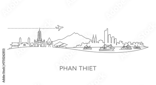 Phan Thiet City Skyline with Boats and Airplane