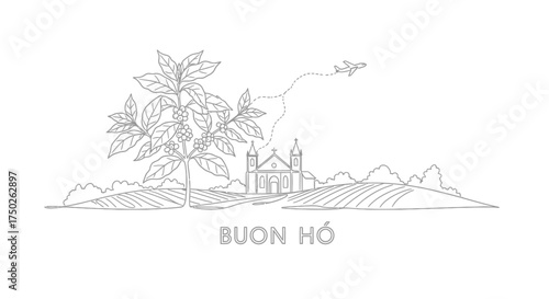 Buon Ho Coffee Farm Landscape Church Airplane Line Art