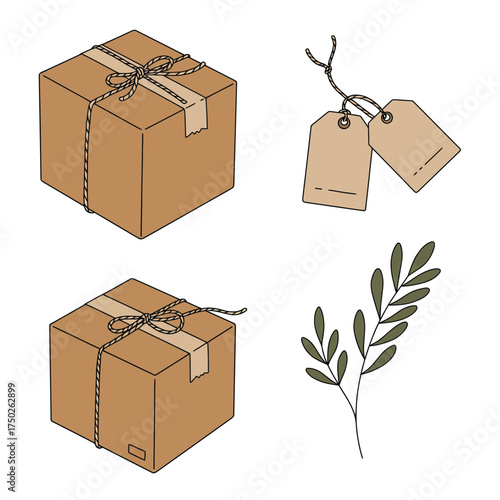 Cardboard boxes and labels cozy eco packaging illustration set for sustainable lifestyle vibe