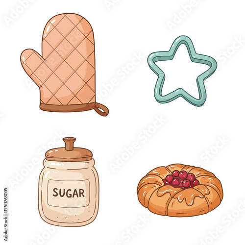 Baking essentials illustration with sugar jar, whisk, and oven mitt cozy homemade kitchen vibe
