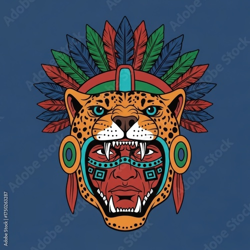Aztec warrior with a jaguar headdress and colorful feathers suitable for history books, cultural websites, and educational presentations.