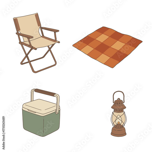 Folding chair and lantern illustration for camping relaxation and outdoor living experience