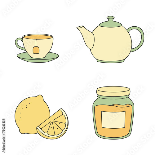 Green teapot and lemon tea jar illustration for cozy afternoon tea break design concept