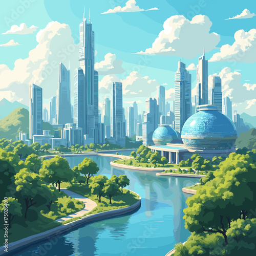 A serene futuristic city where sleek skyscrapers and lush green parks coexist along a tranquil river.