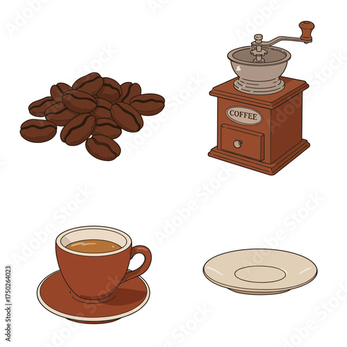 Roasted coffee beans and grinder illustration for cafe and espresso lovers