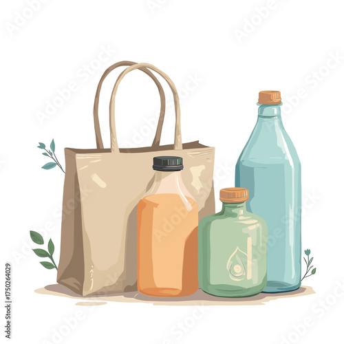Illustration of a reusable tote bag and glass bottles, promoting sustainability and eco-friendly practices.