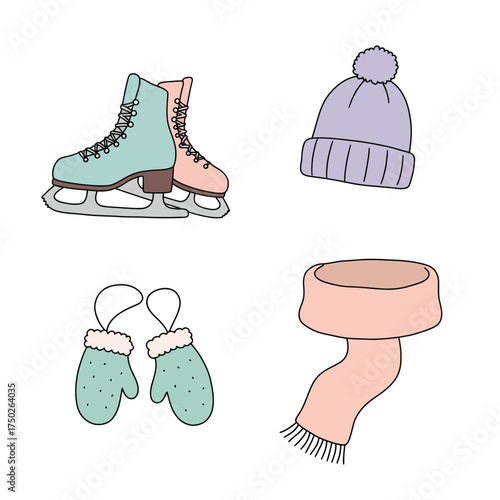 Ice skating boots and warm hat for fun winter activity and holiday recreation