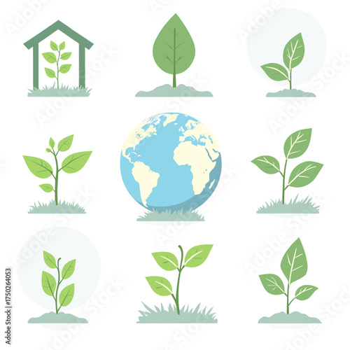 A collection of nine vector illustrations depicting environmental themes, featuring plants, seedlings, a greenhouse, and the Earth.